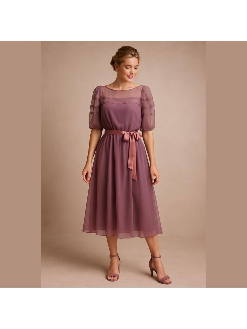 70s 3PC SHEER CHIFFON PURPLE FIT & FLARE LINED MIDI DRESS W PINK SATIN SASH SZ M